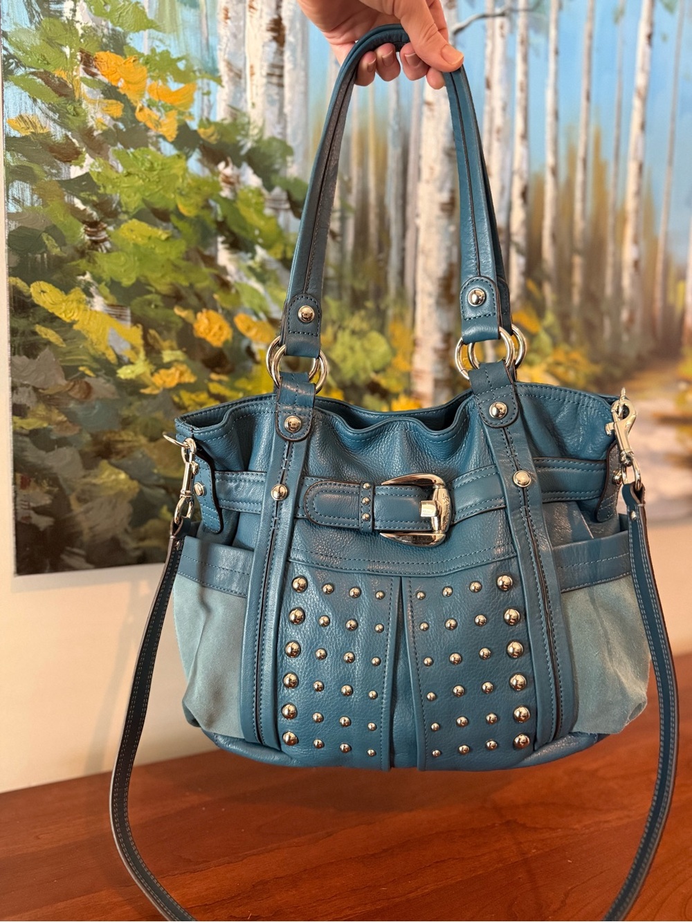 🖤 B. Makowsky Y2K Studded Leather & Suede Shoulder Bag + Matching Wallet 🤘🏻 - Picture 4 of 15